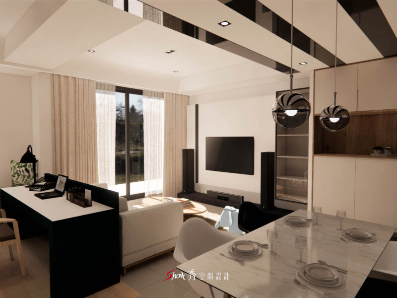 開放式客餐廳視角，展示沙發、餐桌與櫃體之間的動線關係，空間層次清楚分明。