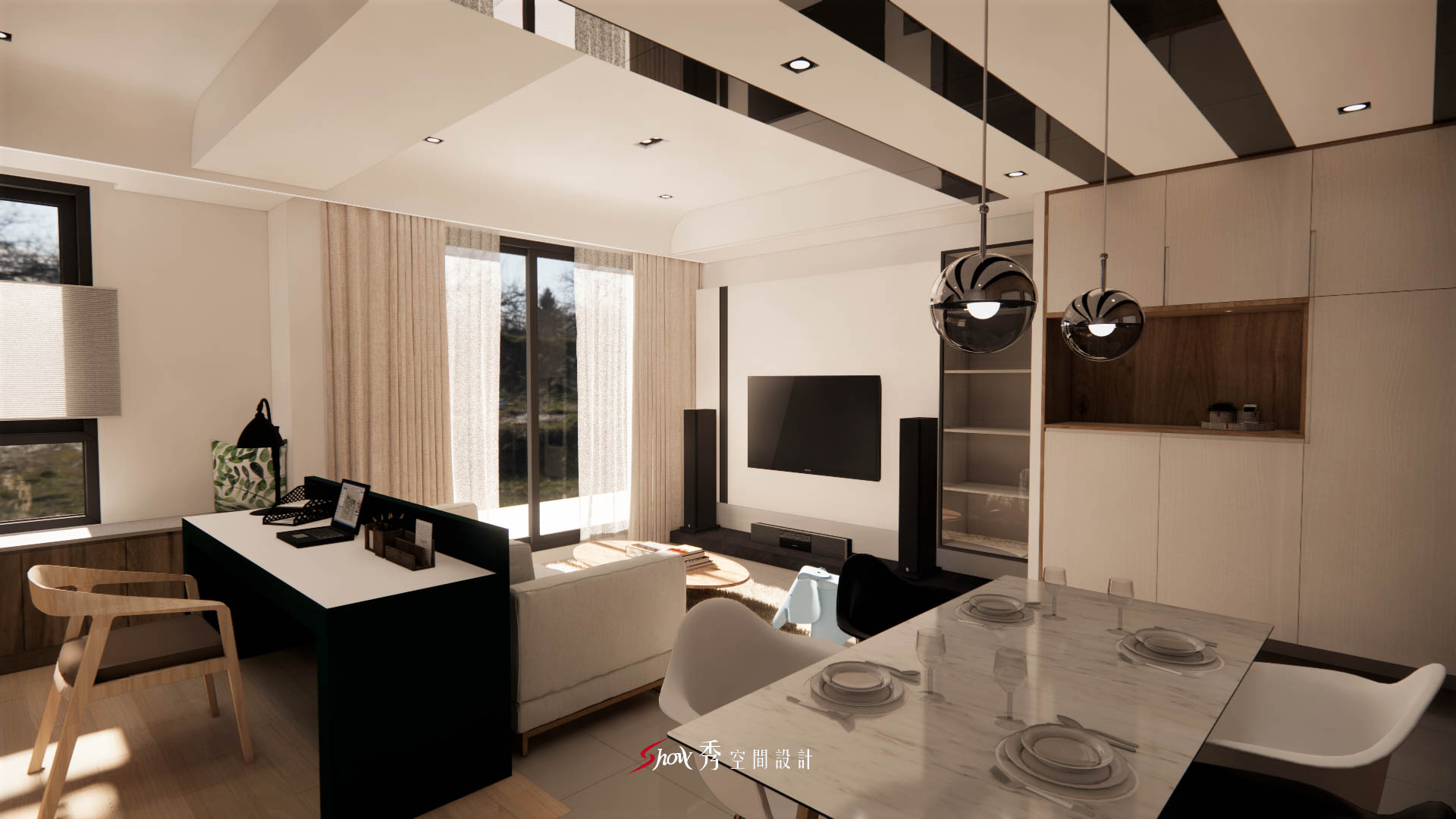 台南室內設計推薦|安南室內設計公司×皇龍天席 開放式客餐廳視角,展示沙發、餐桌與櫃體之間的動線關係,空間層次清楚分明。
