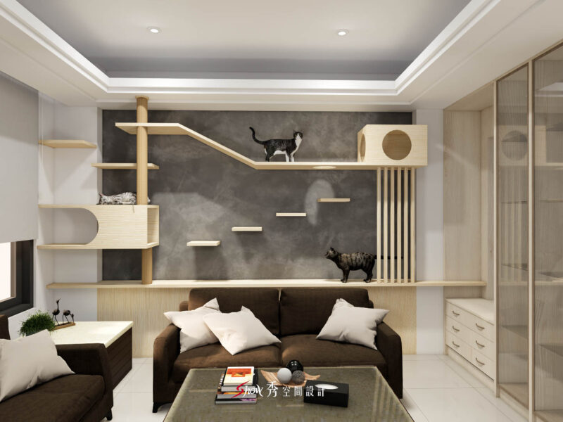 客廳貓跳台與展示櫃整合