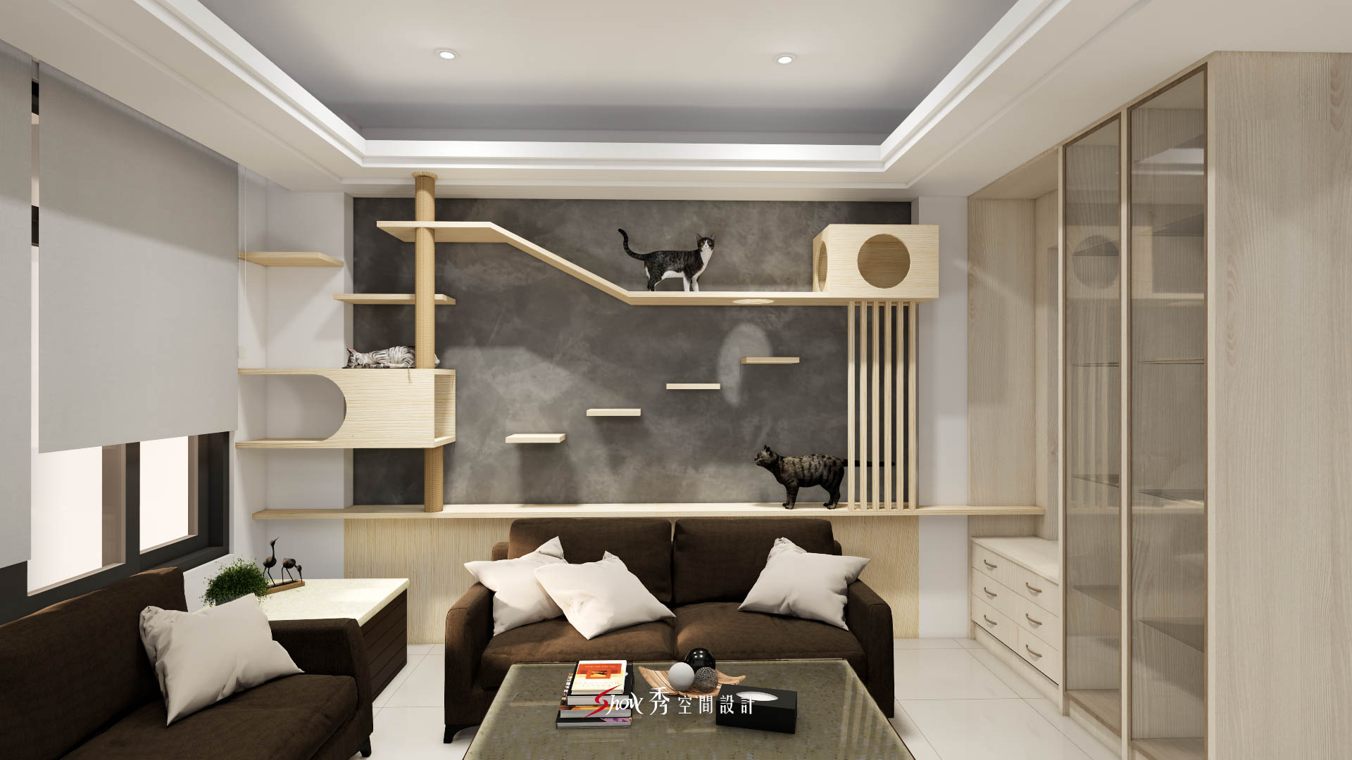 善化室內設計推薦|貓咪宅設計×陽光翡翠李宅 客廳貓跳台與展示櫃整合