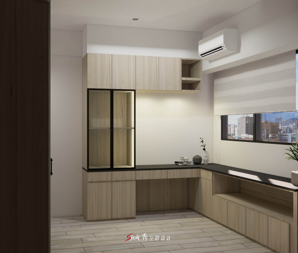 淺色系書房與展示牆整合