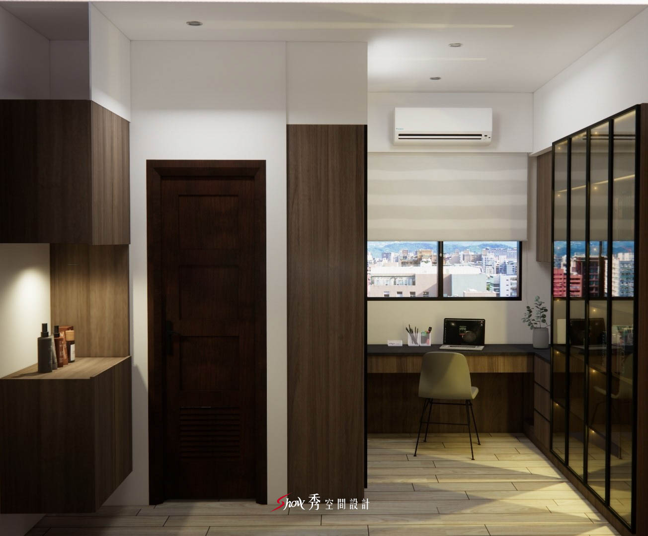 臥室展示櫃與吊櫃整合，保留展示與收納功