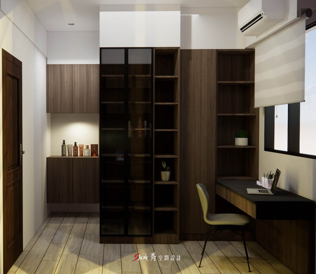 現代簡約風深色木皮書房設計，結合展示櫃與工作區