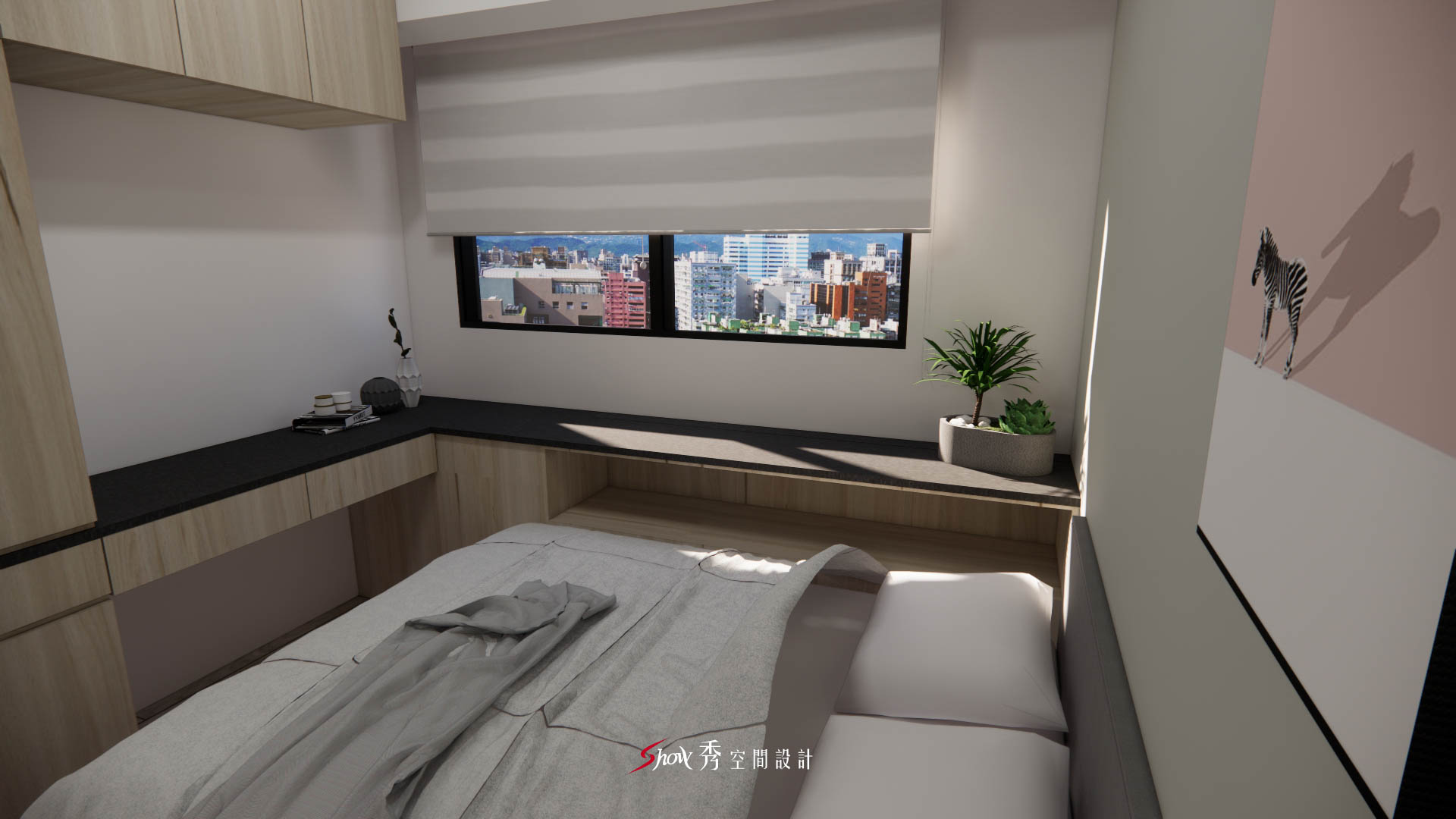 臥室空間整合靠窗書桌與木質櫃體，提升機能使用