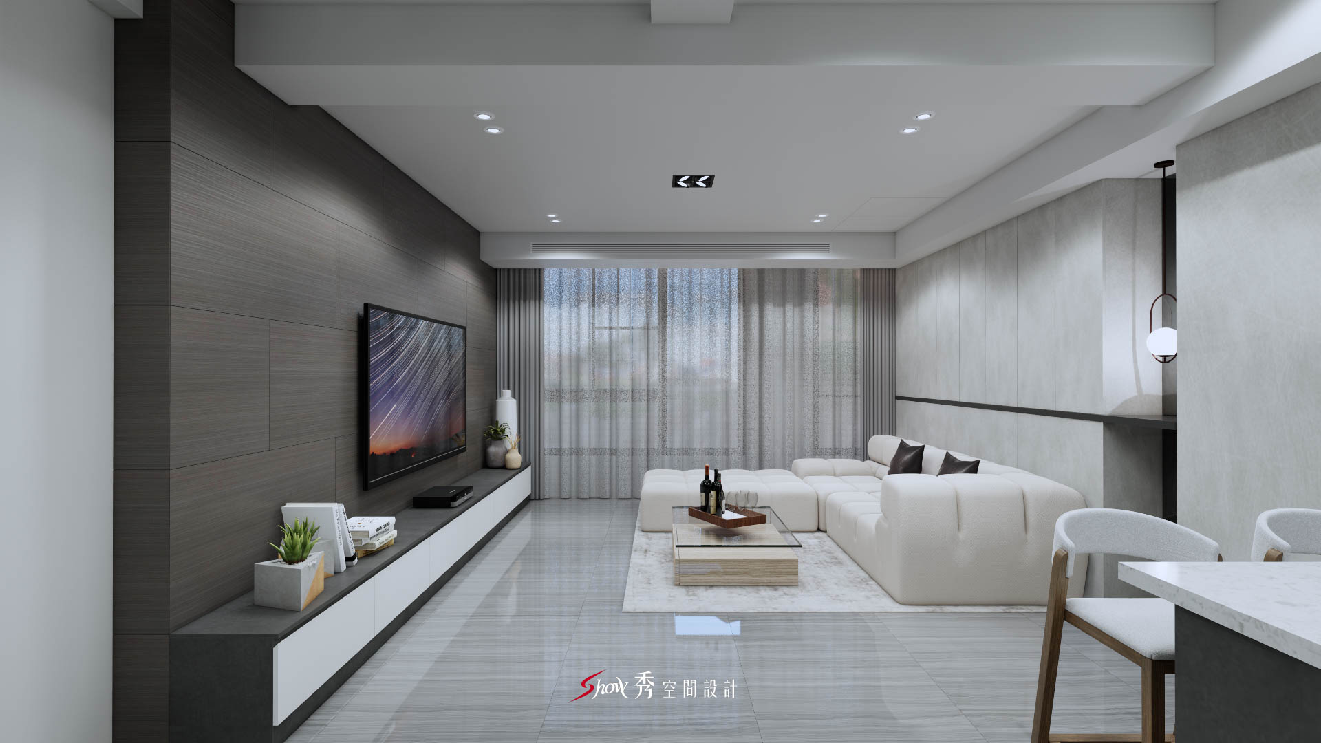 現代客廳沙發配置｜灰黑色牆面與白色沙發搭配