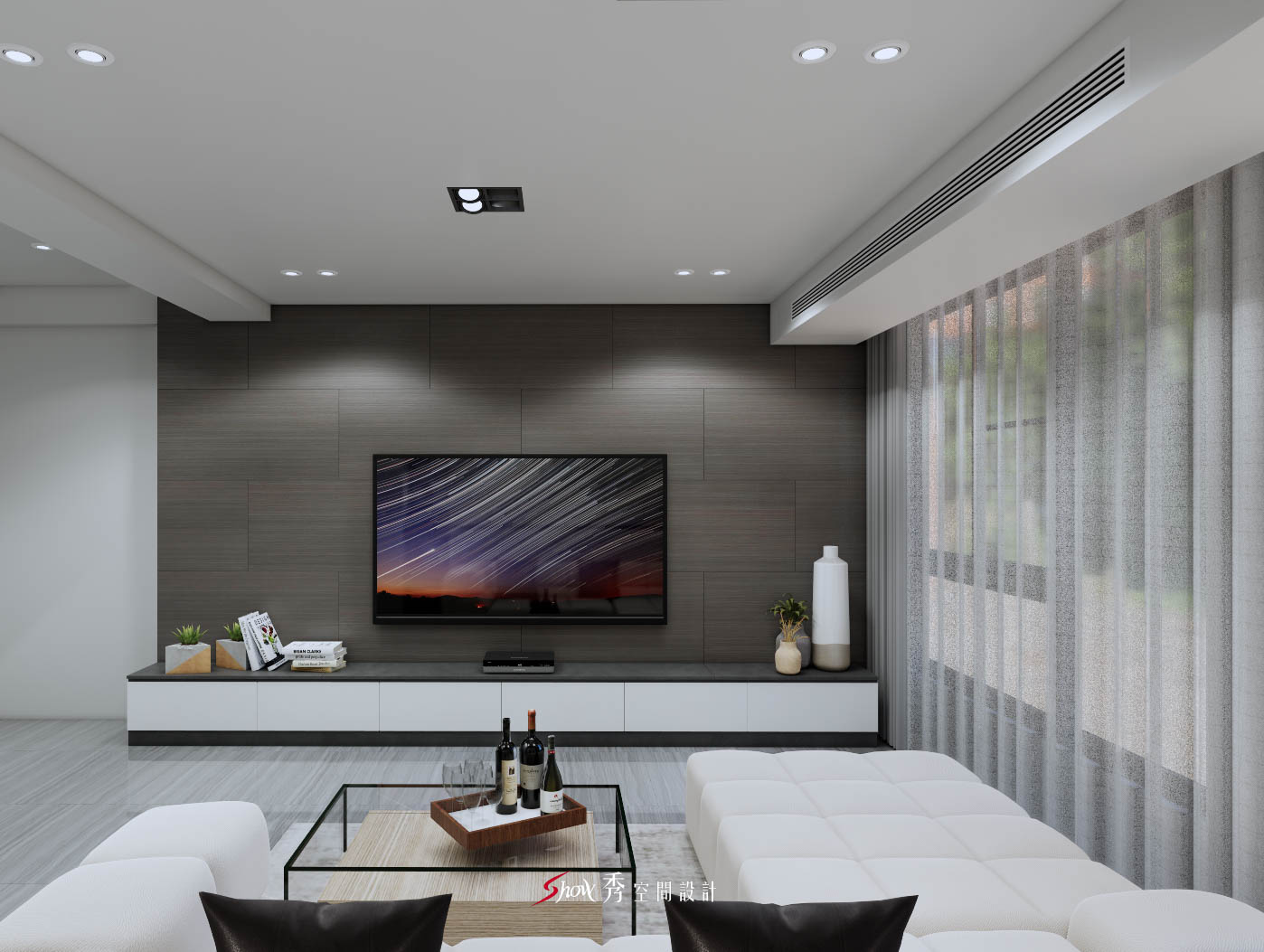 善化張宅電視牆設計｜灰木紋牆面與懸浮櫃體