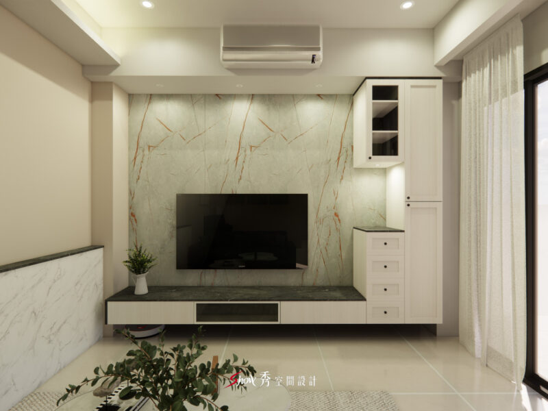 台南善化室內設計，佘宅客廳電視牆採用灰綠石紋結合白色櫃體設計