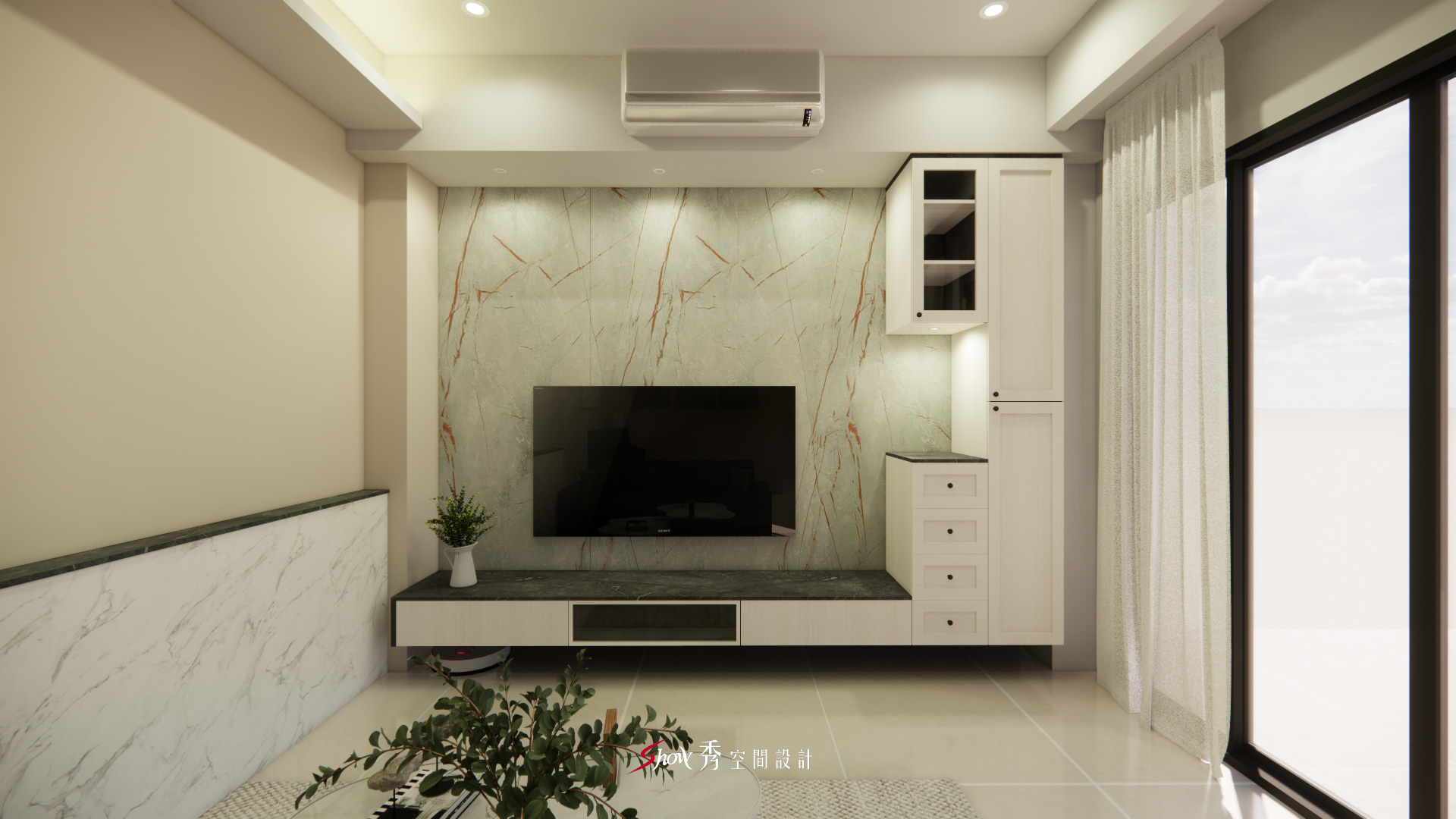 台南善化室內設計，佘宅客廳電視牆採用灰綠石紋結合白色櫃體設計