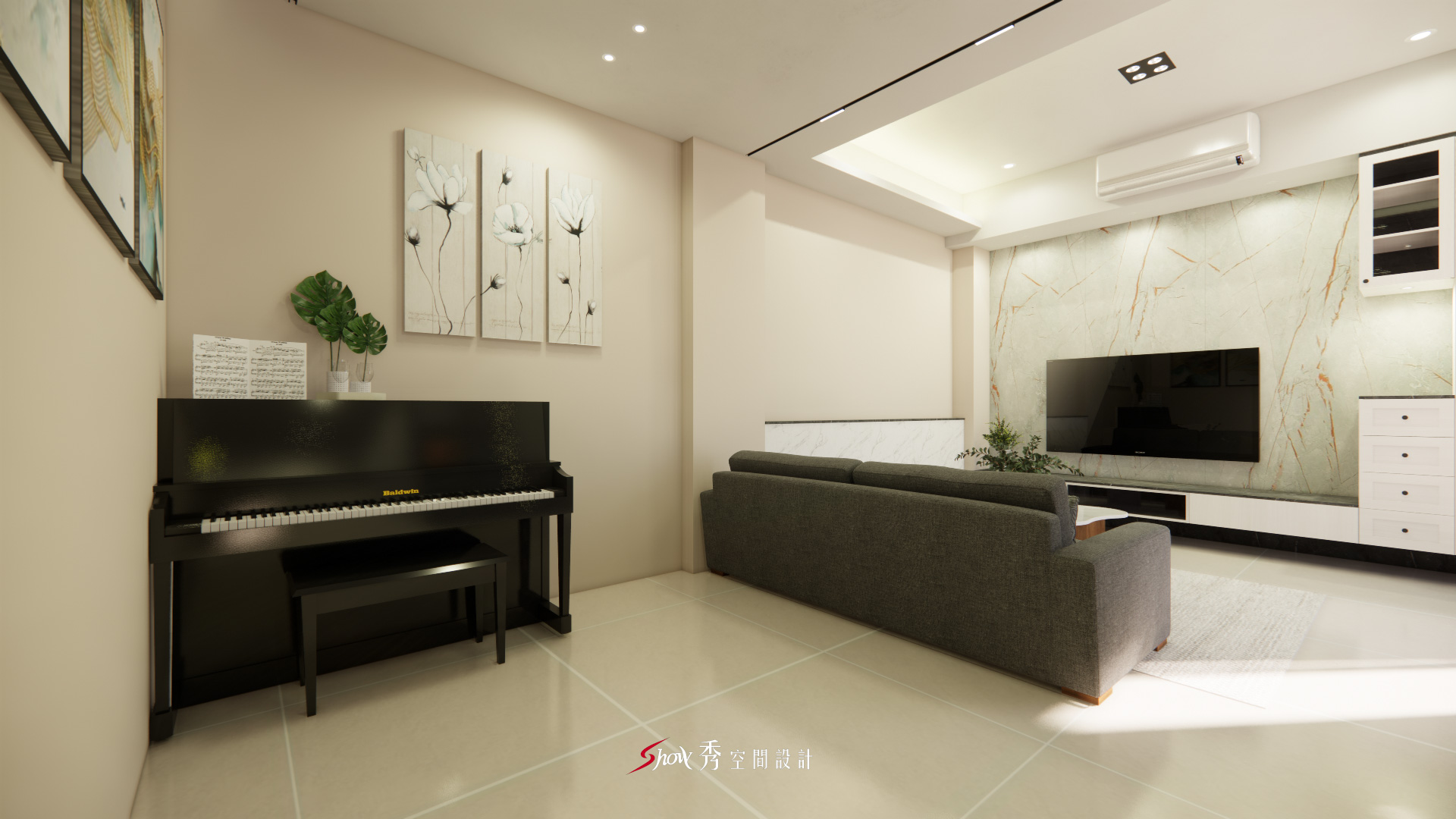 台南善化佘宅客廳設計，現代簡約風鋼琴牆面與大理石電視牆對比設計
