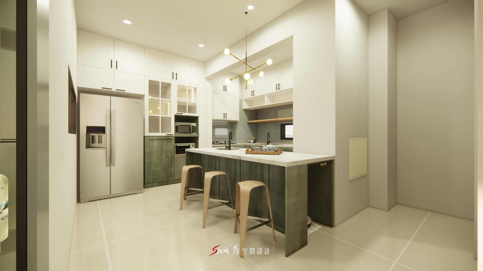 台南透天佘宅中島餐廚設計，白色中島搭配金屬吊燈與灰綠廚具