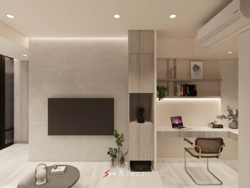 客廳書桌與展示櫃結合的現代簡約風小宅設計。