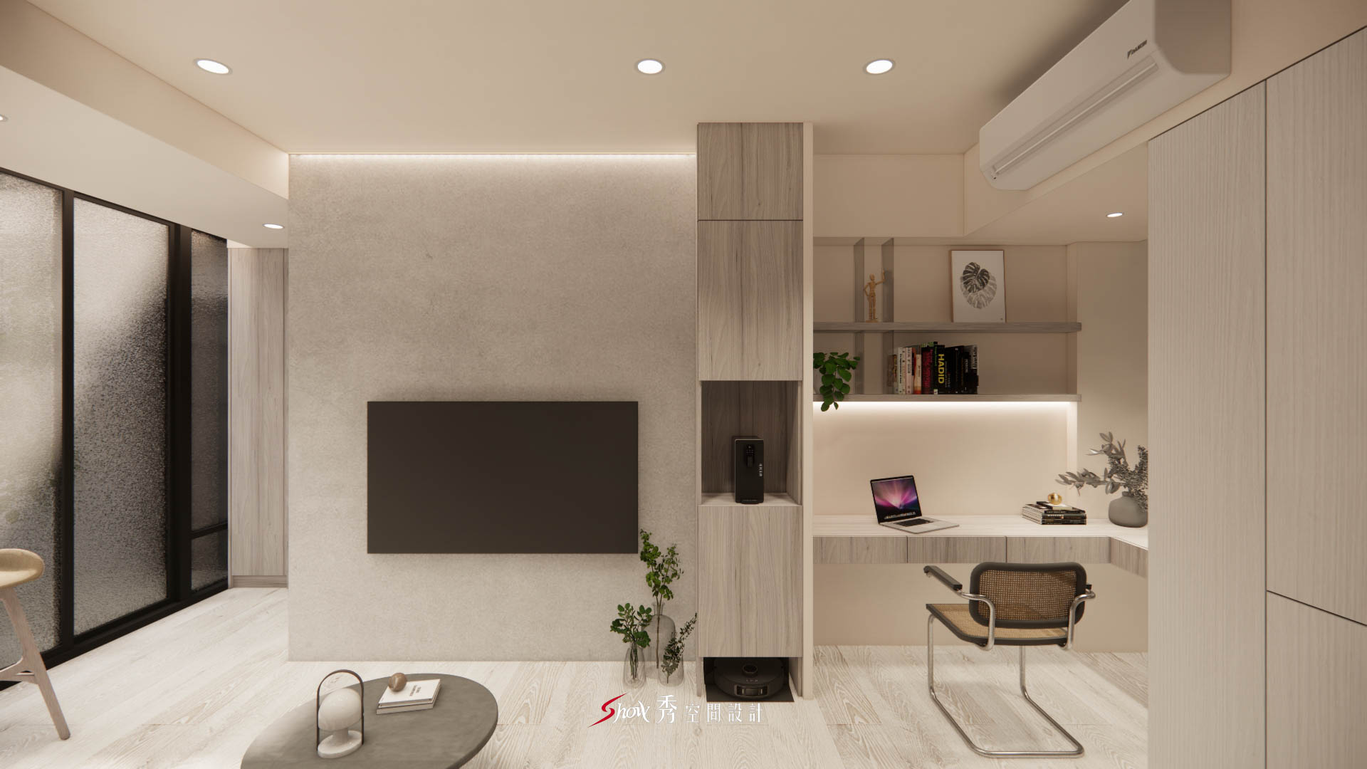 客廳書桌與展示櫃結合的現代簡約風小宅設計。