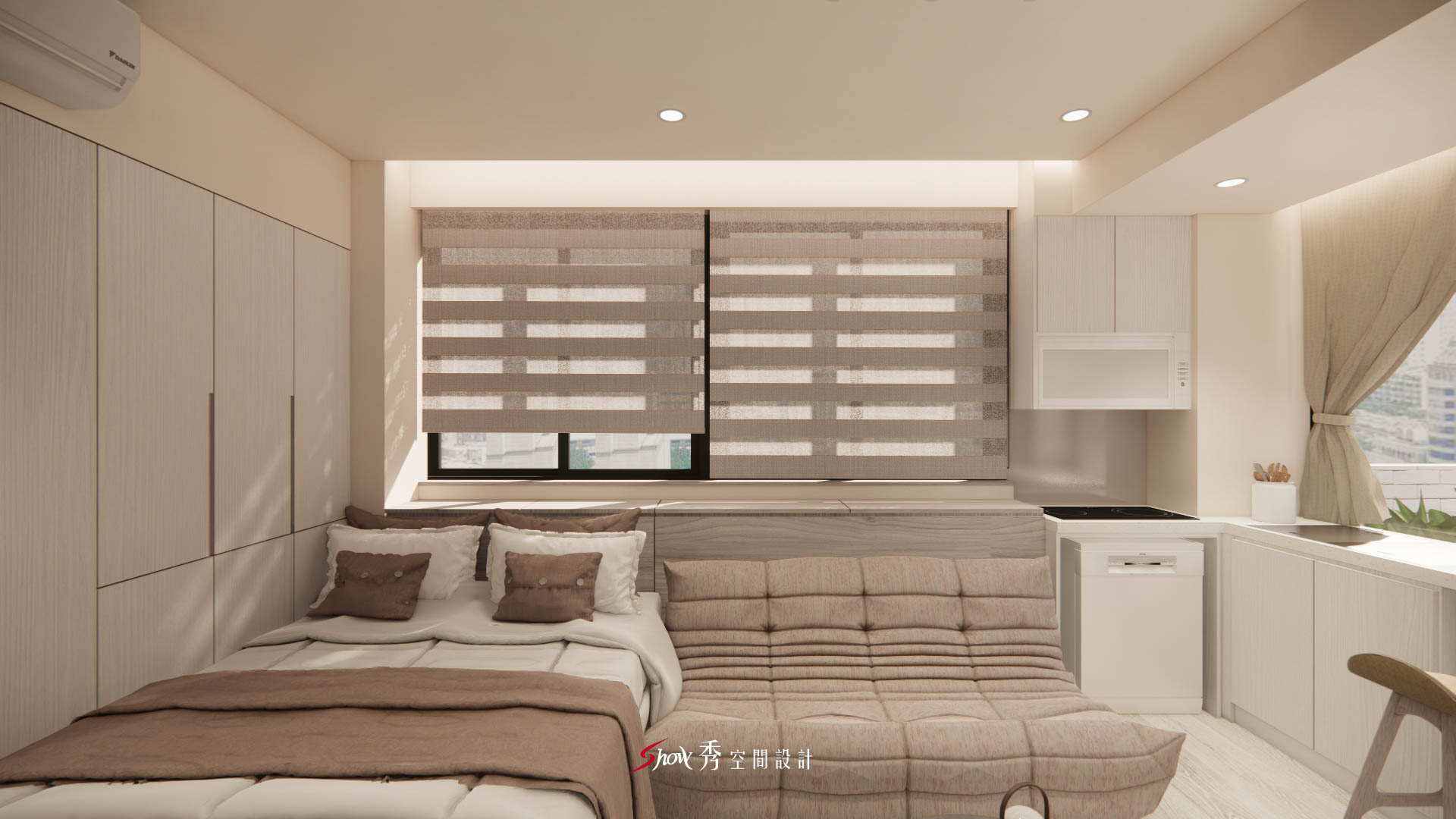 小坪數臥室與沙發結合的小宅設計，融合淺木色調與柔和採光。