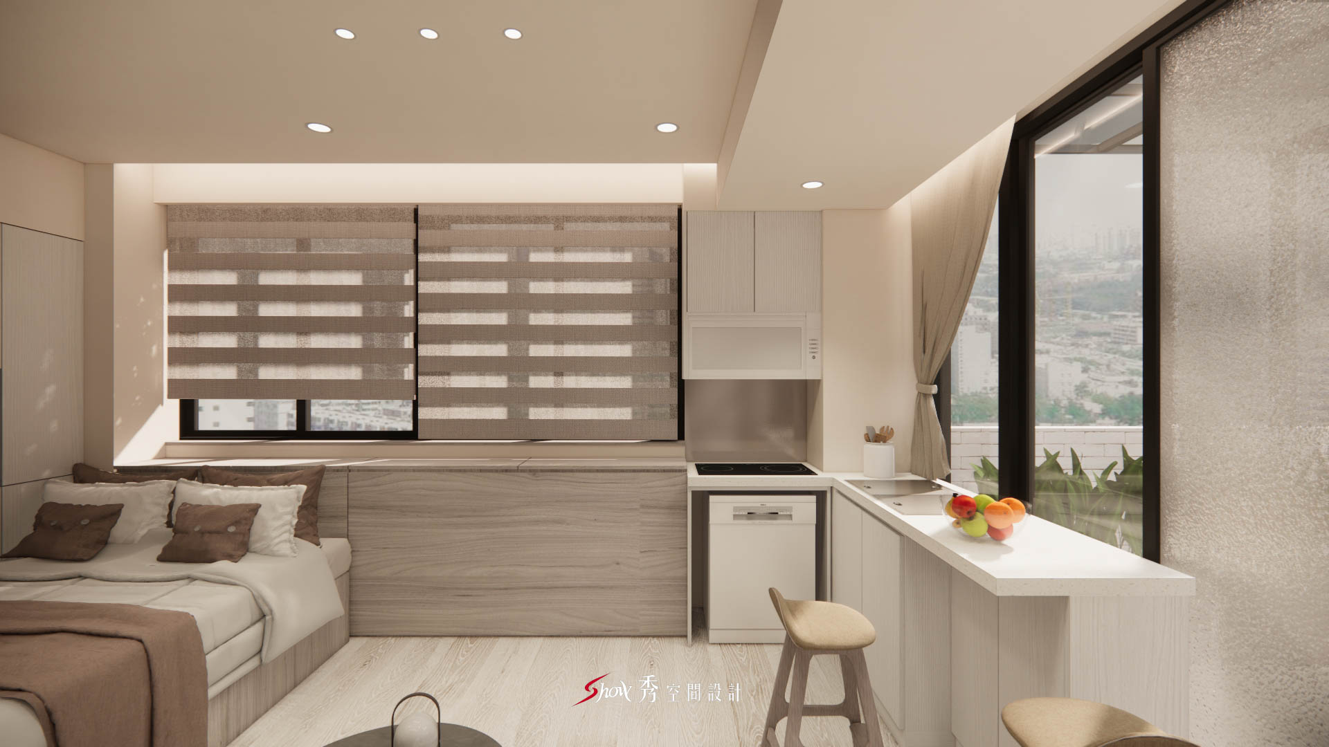 小廚房與臥室並排規劃的現代小宅設計，搭配大面窗景與淺木色調。