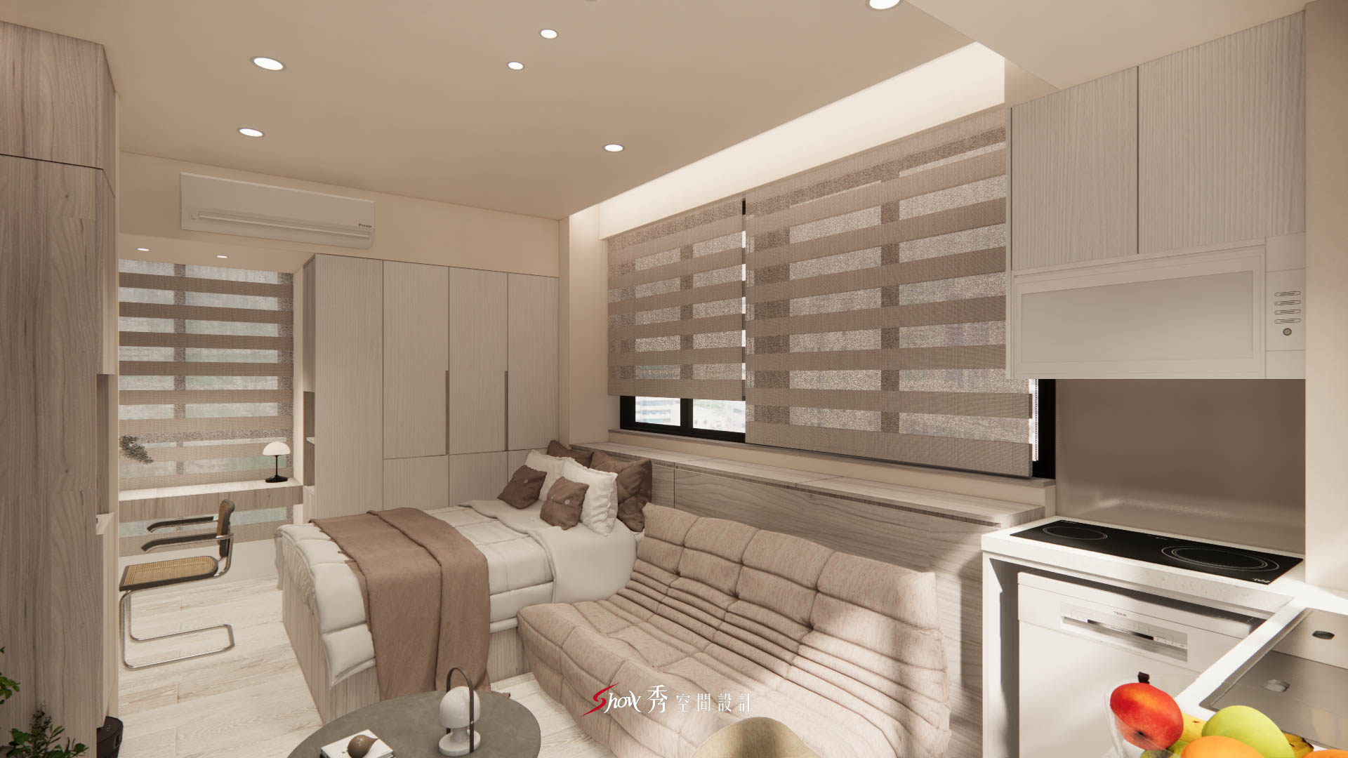 多機能臥室結合書桌與收納櫃的小坪數空間設計。