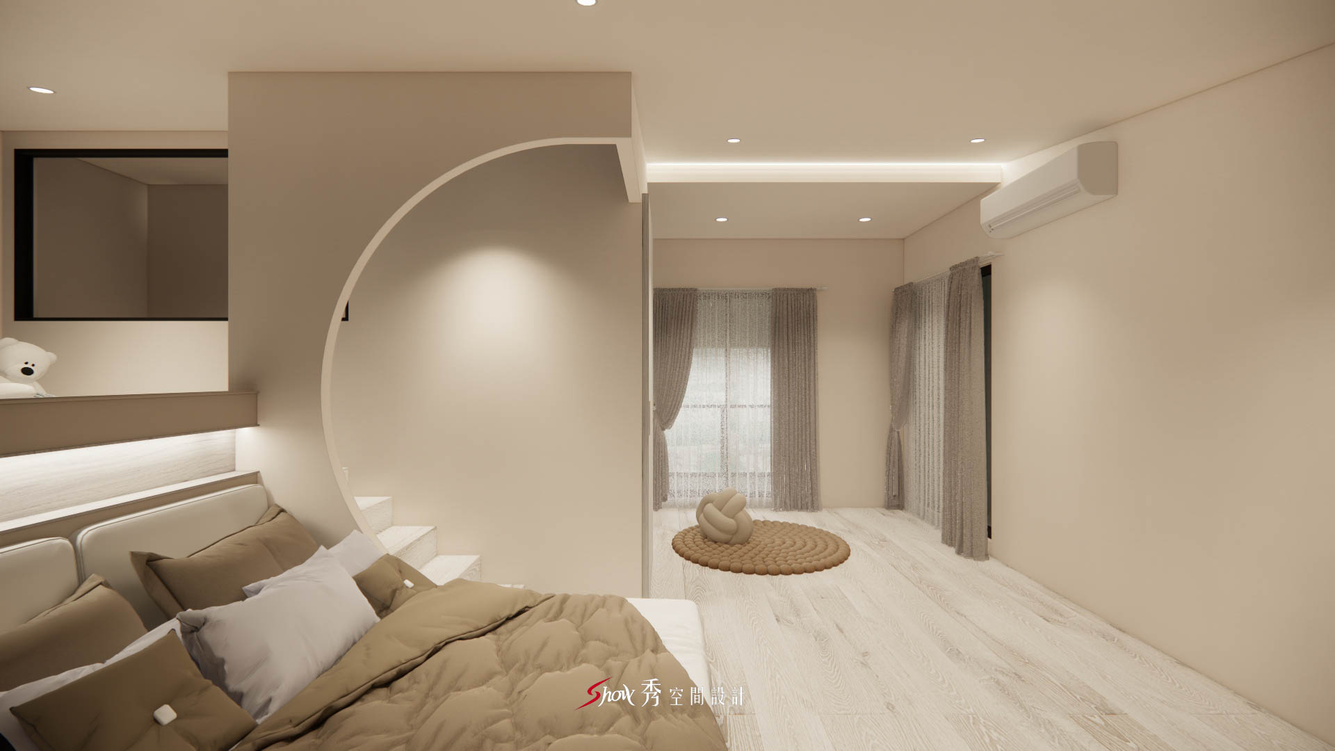 現代簡約風主臥室，搭配弧形設計與柔灰窗簾