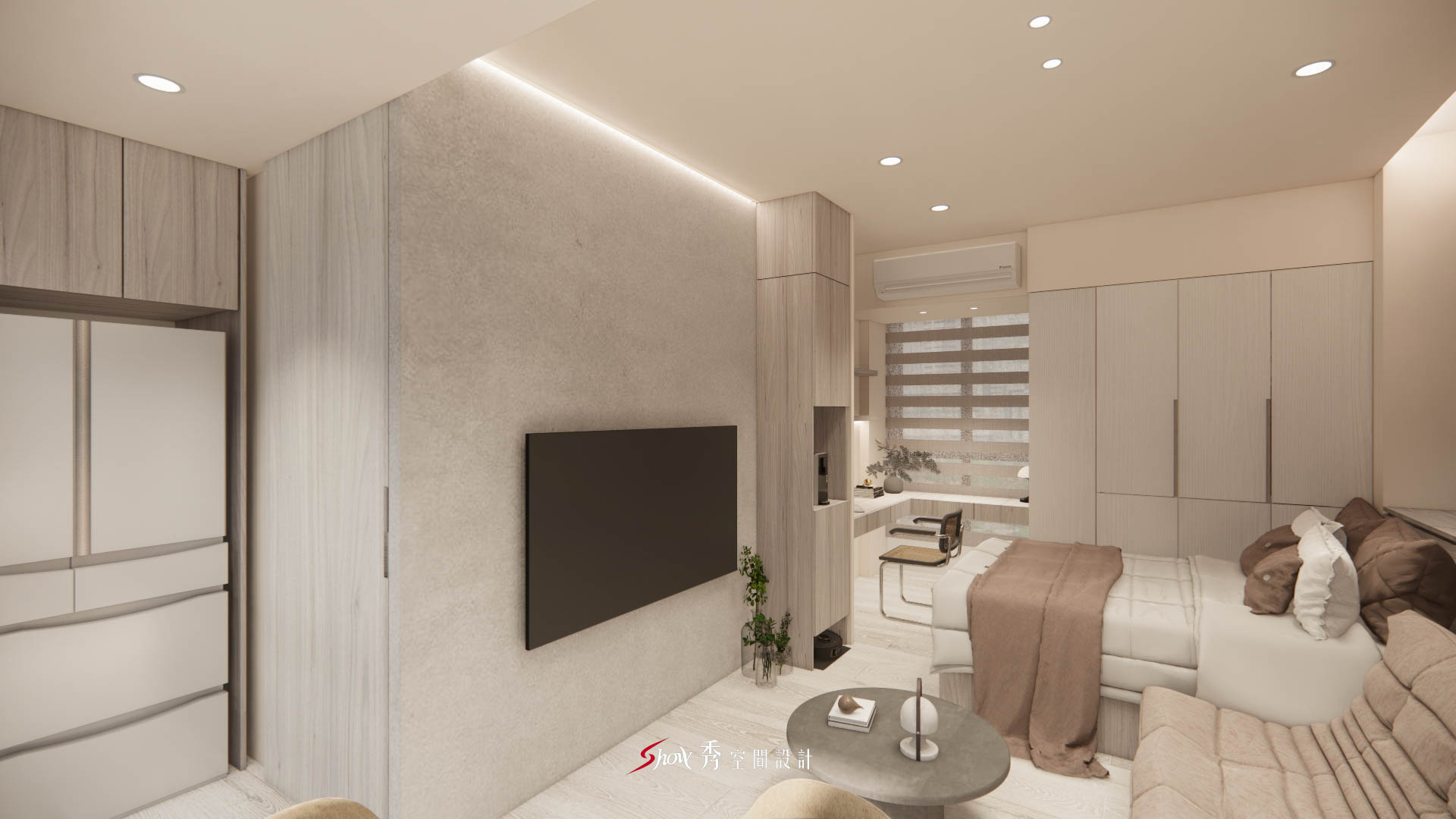 客廳電視牆結合灰質面材與簡約木紋櫃體。