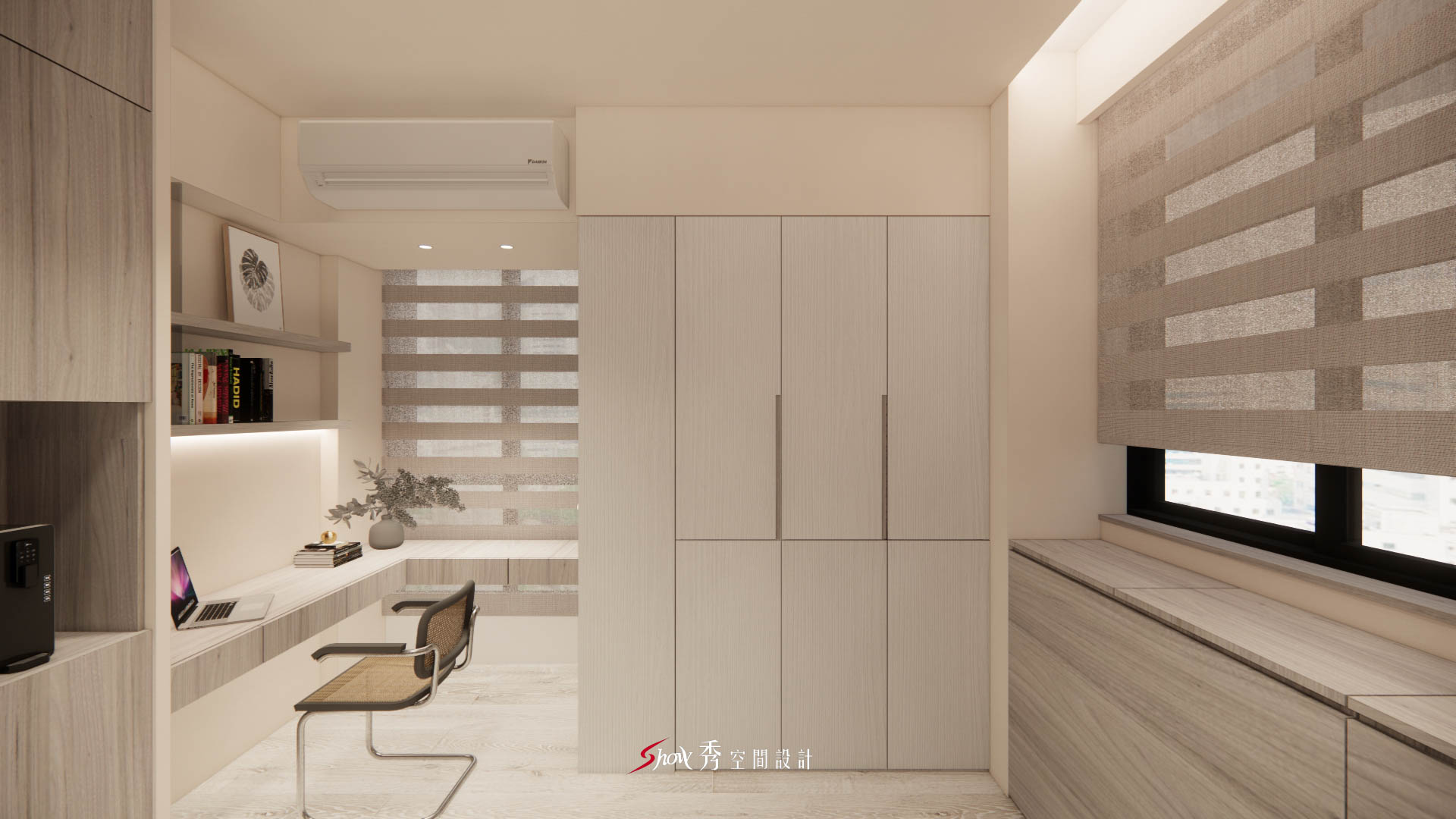 工作桌區搭配層架收納與大量自然光的小坪數書房角落。