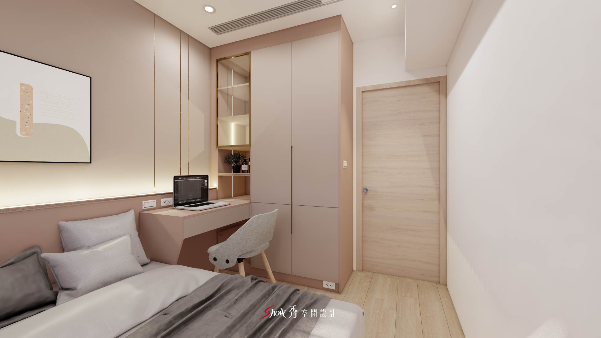 善化住宅主臥空間，整合床鋪、書桌與高櫃配置，呈現北歐簡約的溫潤尺度