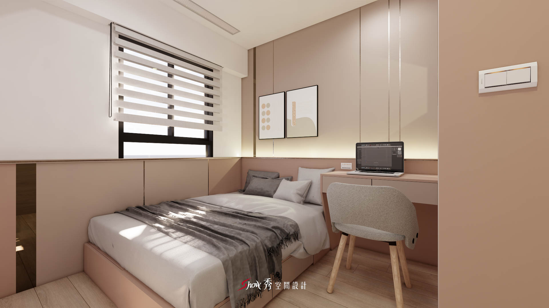 北歐風主臥設計，低彩度配色搭配柔和間接照明，營造安定休憩氛圍