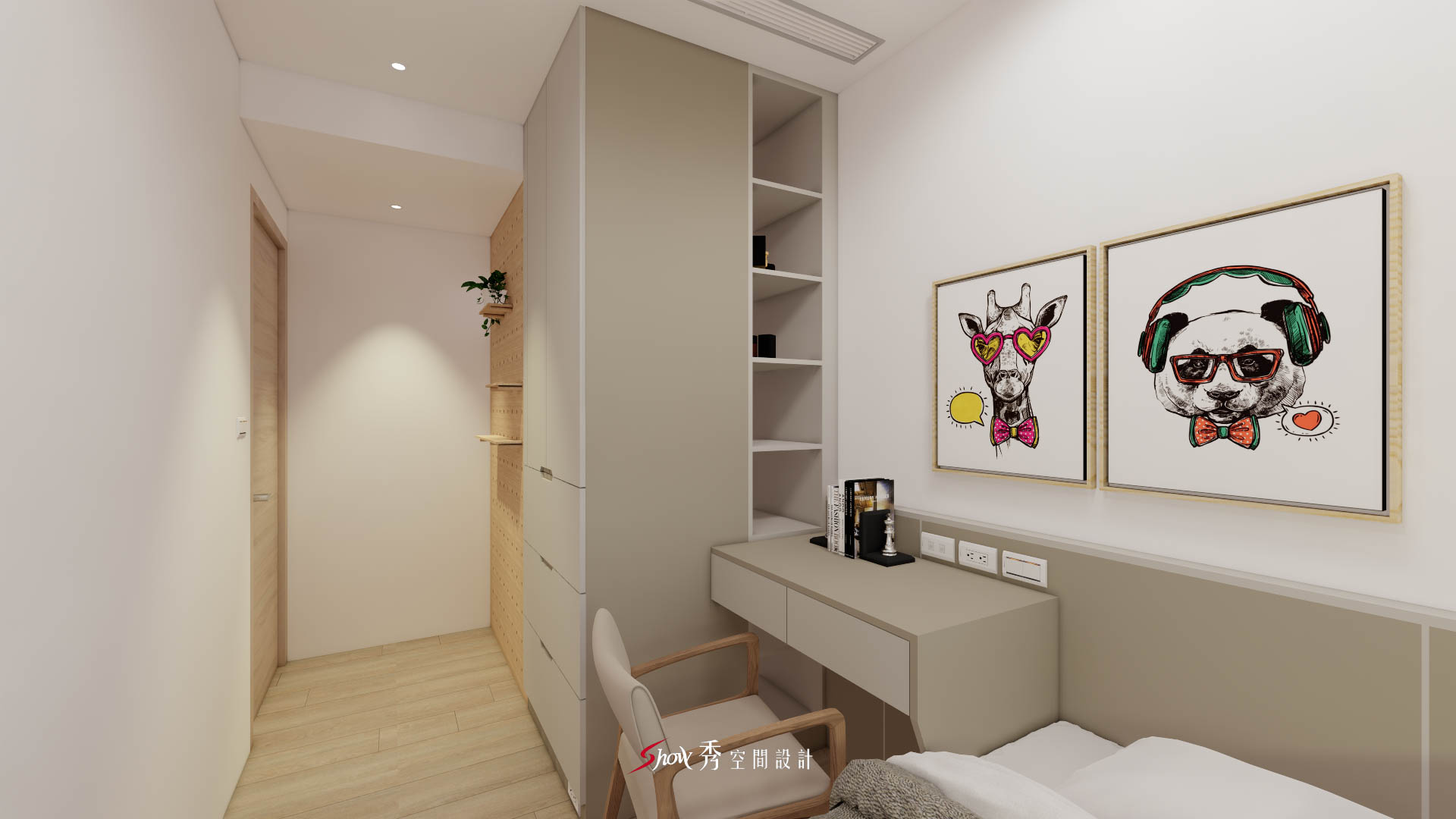 次臥書桌與高櫃整合設計，兼顧閱讀、收納與動線安排