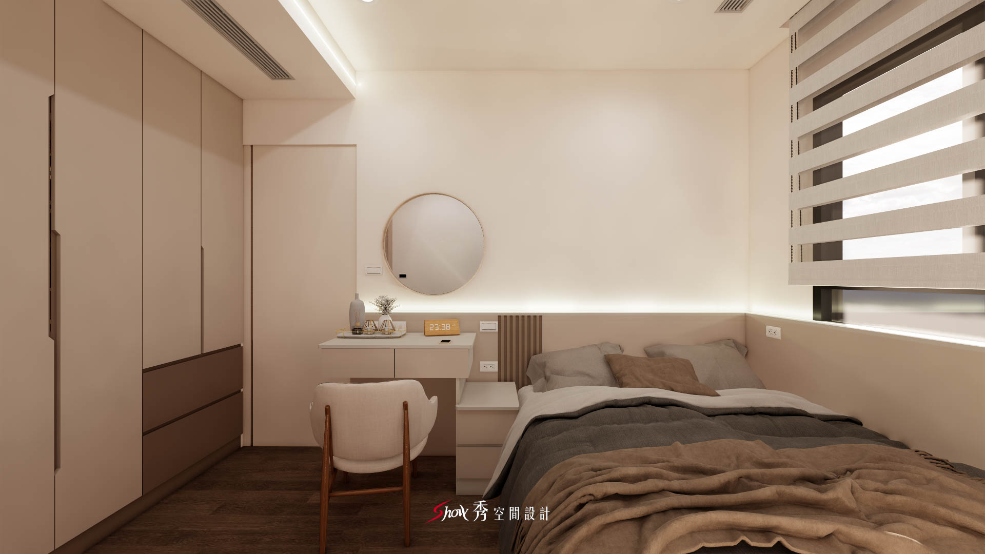 台南善化主臥室設計，北歐簡約風臥房搭配梳妝桌與整面衣櫃