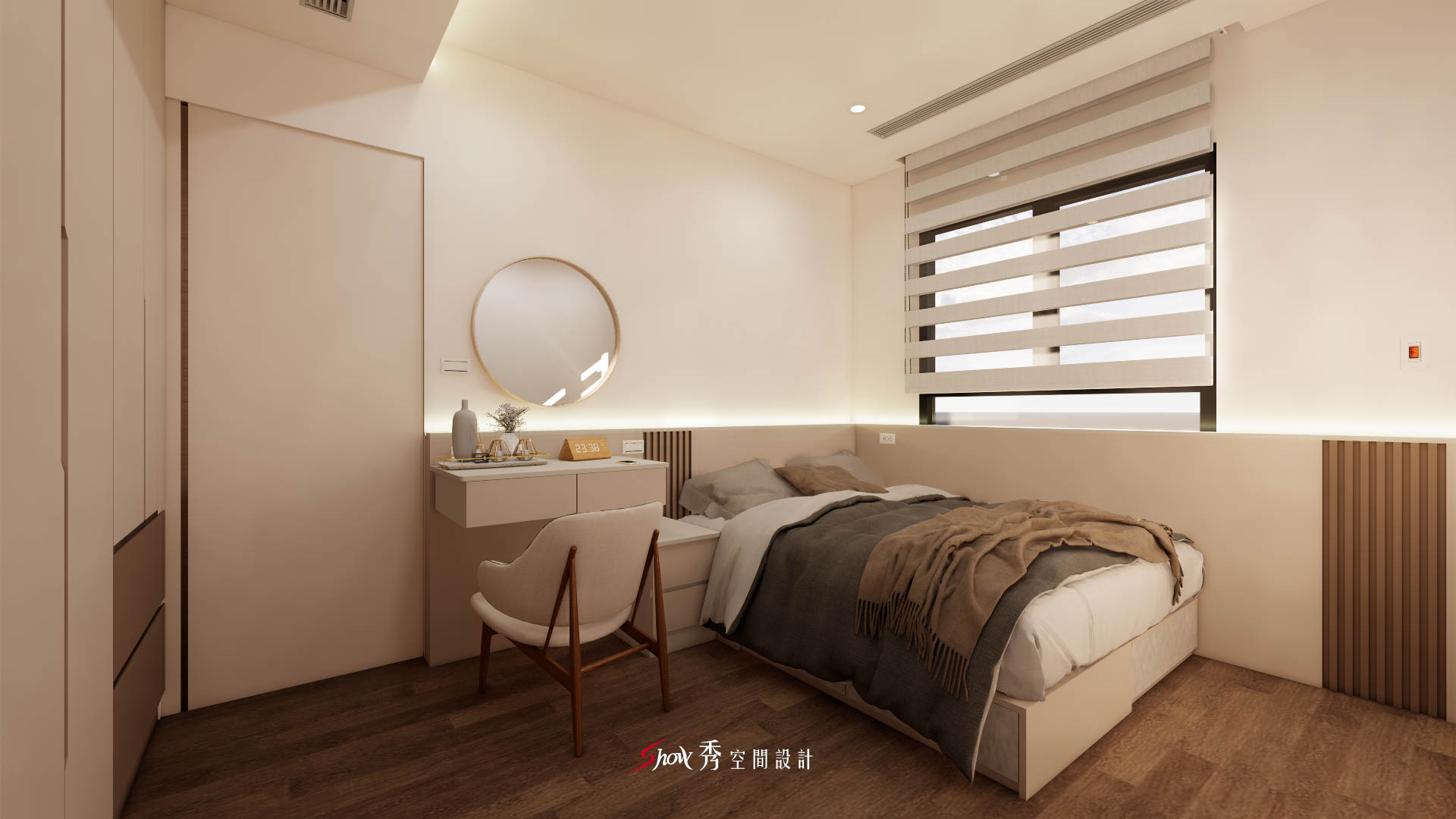 善化北歐風臥室側景，米色床組與窗邊自然採光配置