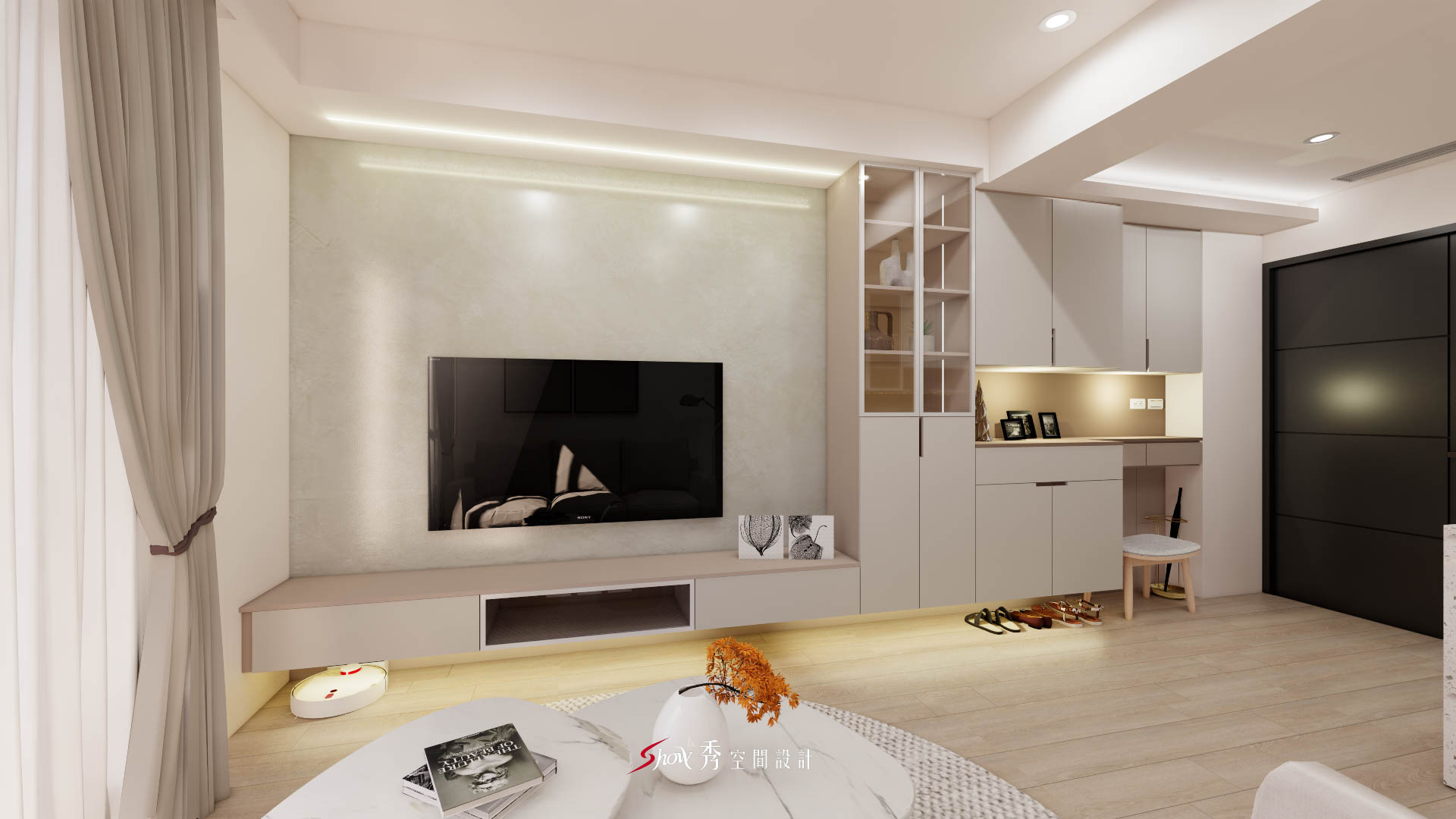 北歐簡約風客廳設計，電視牆結合低檯收納與柔光照明，呈現台南善化住宅的溫潤生活感