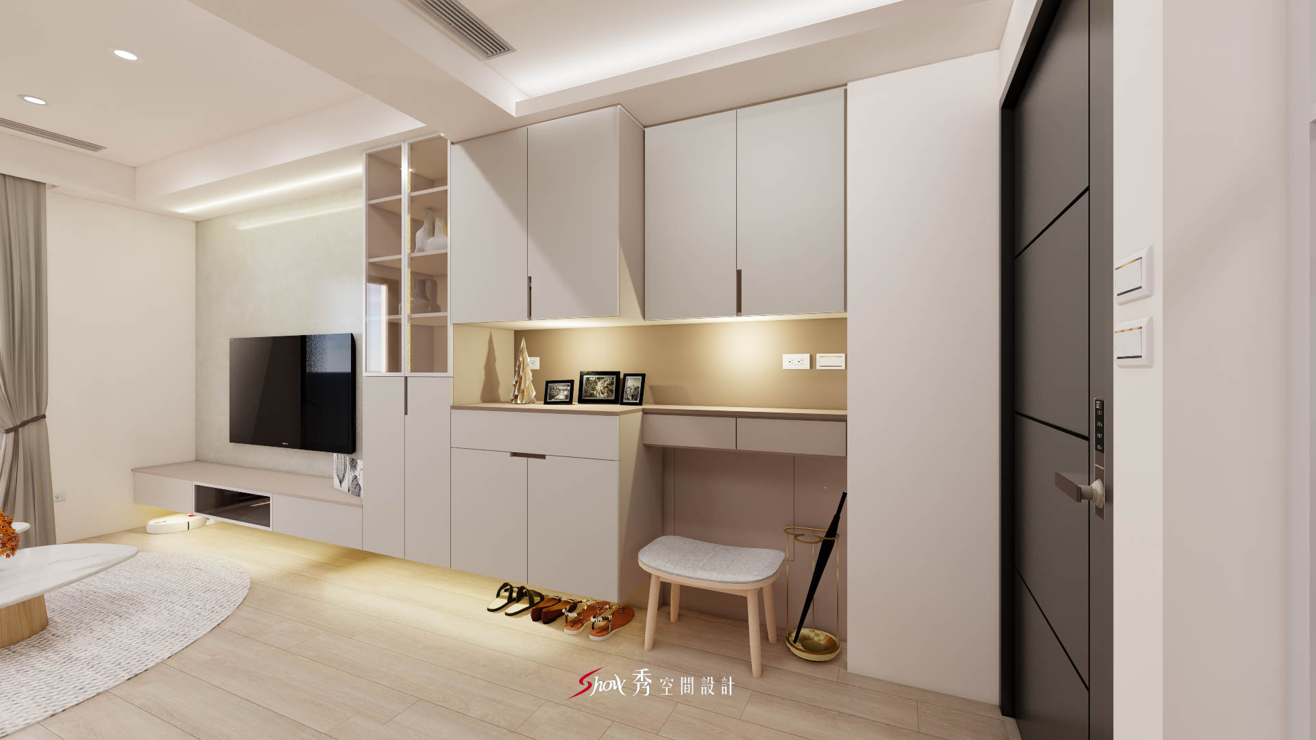 台南室內設計案例，玄關與多功能櫃體整合，串聯客廳與書桌區的動線規劃