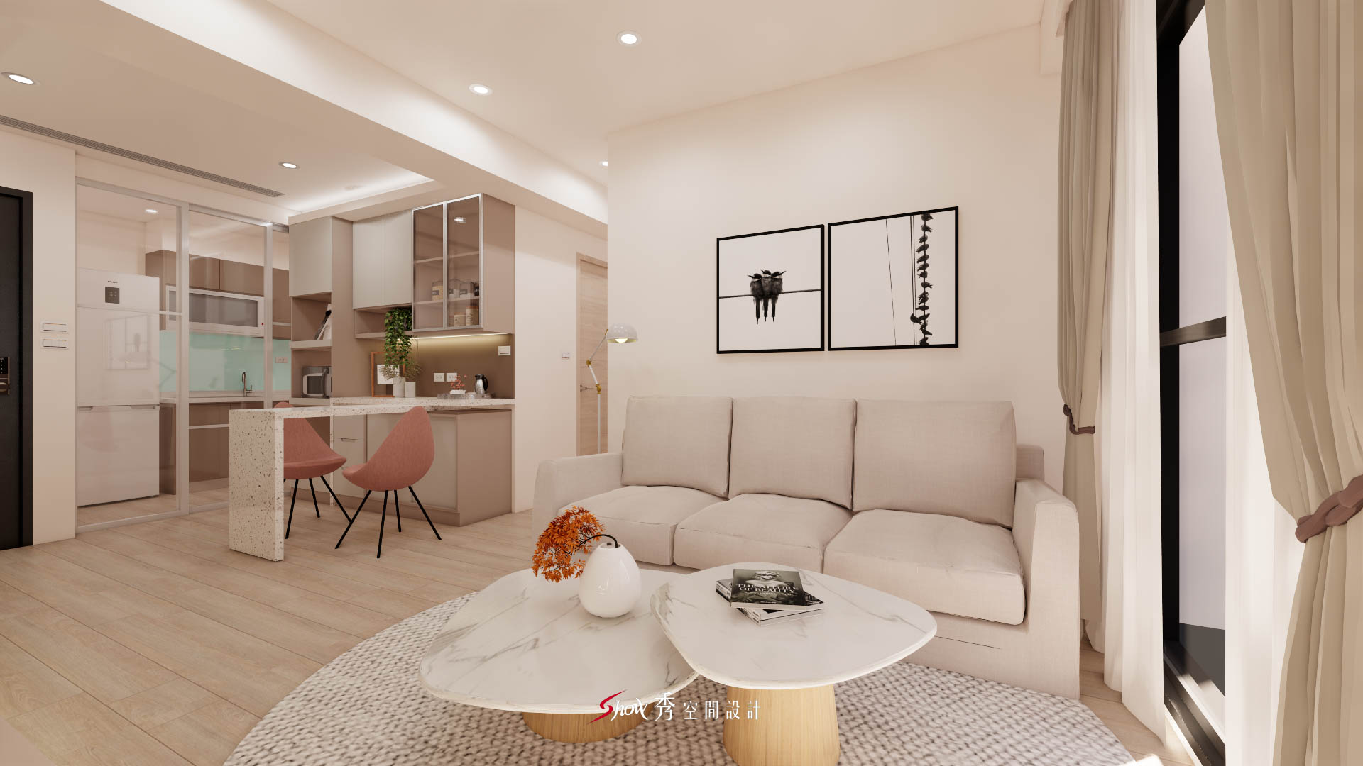 善化住宅客廳空間，沙發區結合開放式餐廚配置，展現北歐簡約的明亮尺度