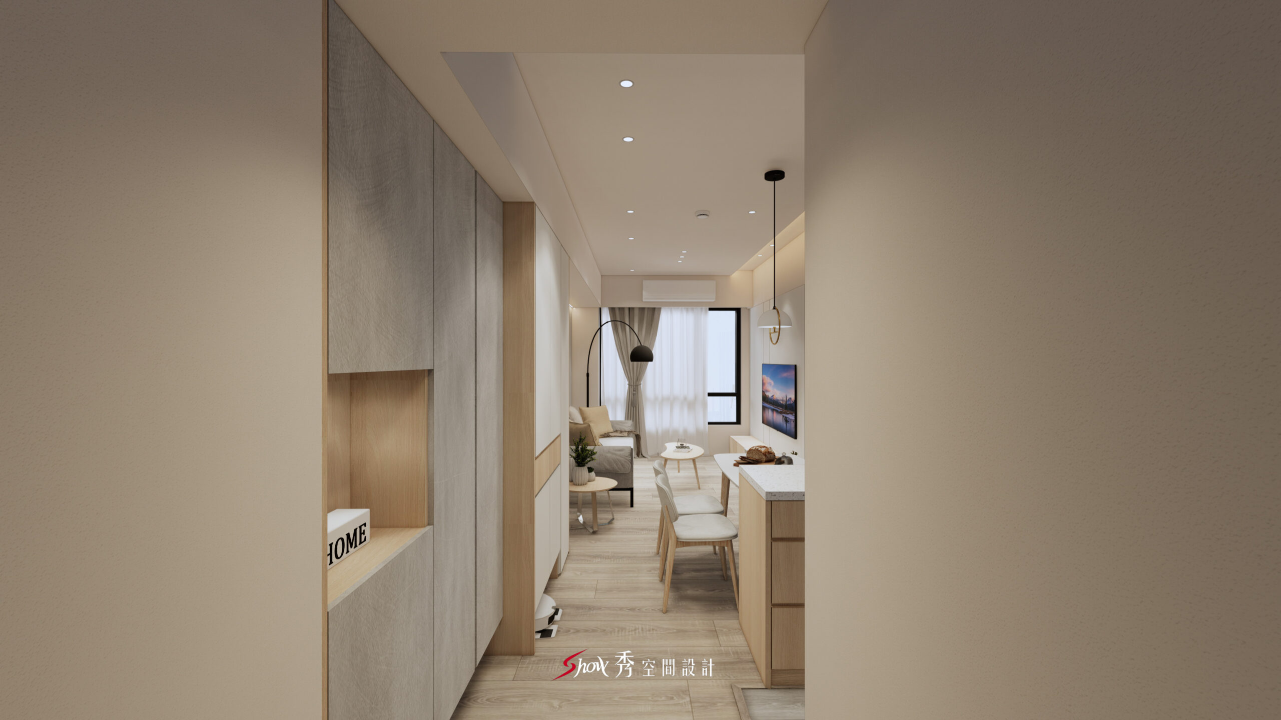 北歐風玄關設計，搭配灰木櫃體與小型展示平台