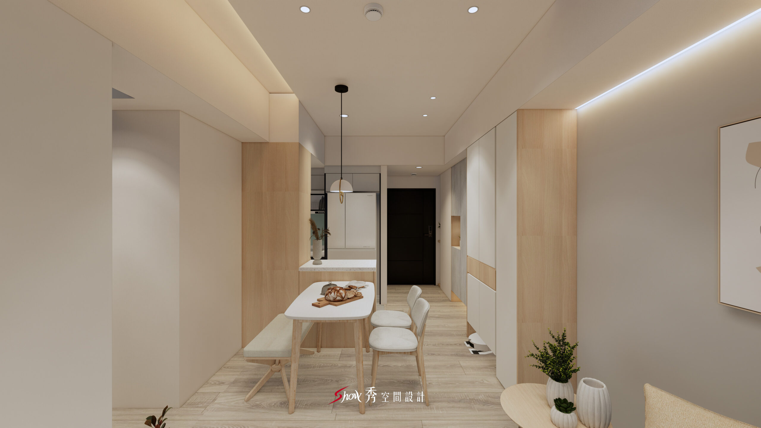 台南北歐簡約客廳設計，米白與木色搭配柔和間接燈光