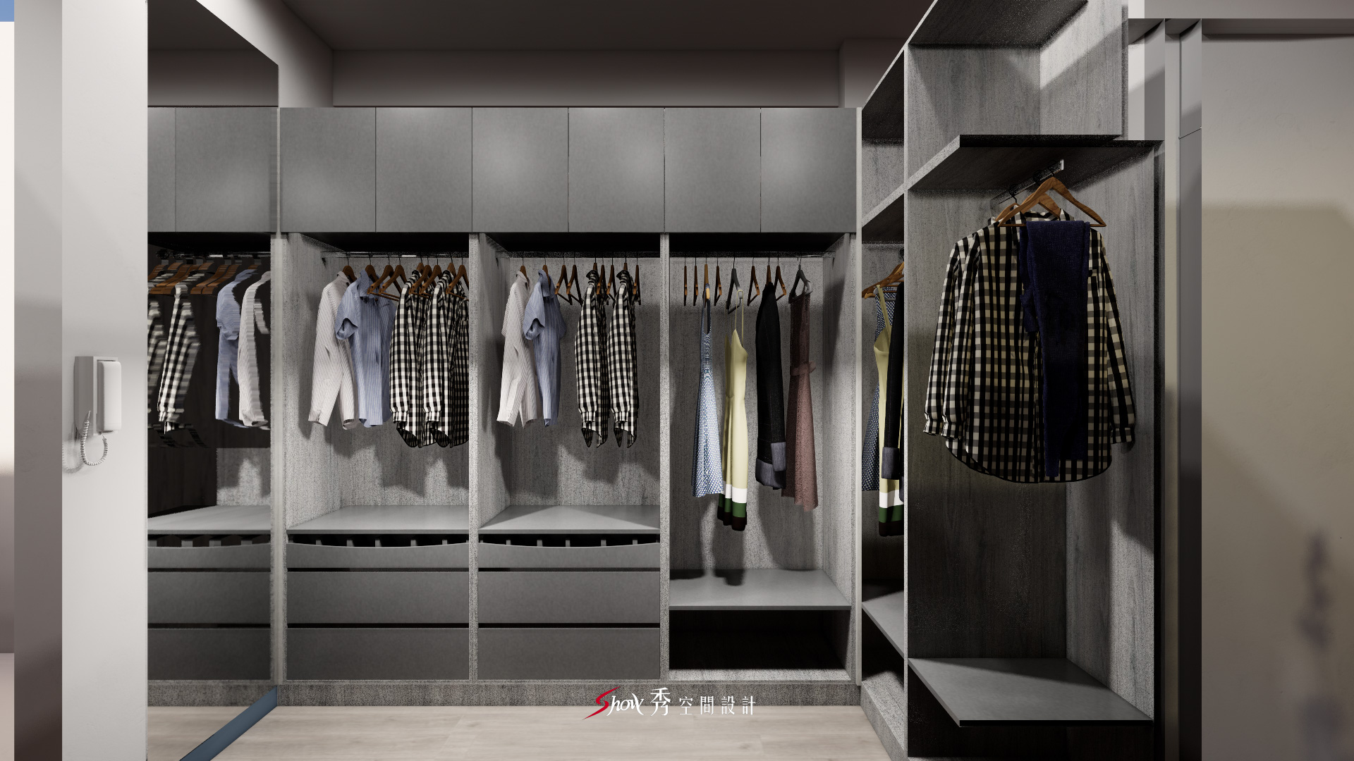 台南透天吳宅餐廚設計，島型餐桌與玻璃收納櫃整合