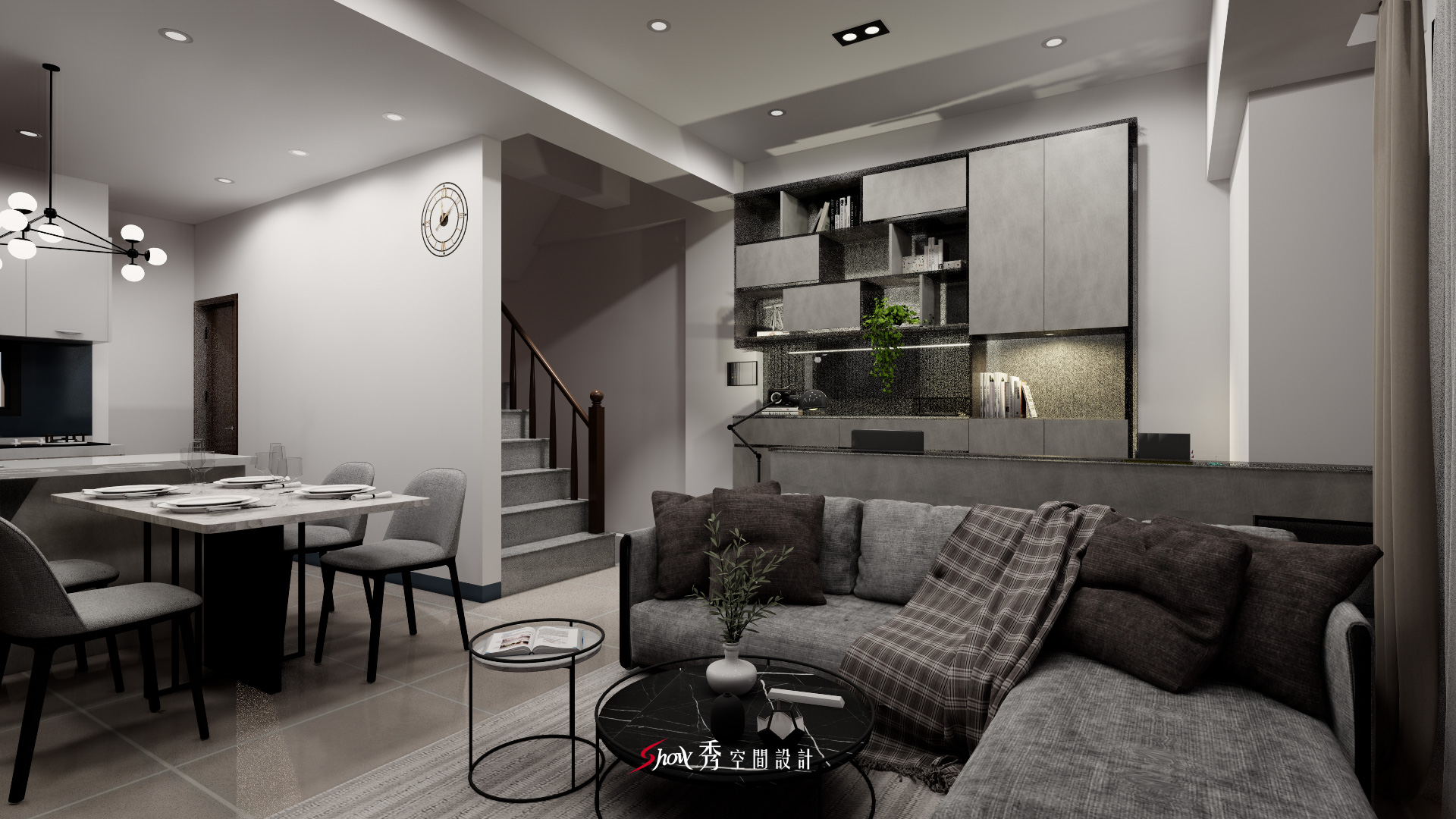 台南善化吳宅公共空間，沙發背牆結合層架展示設計